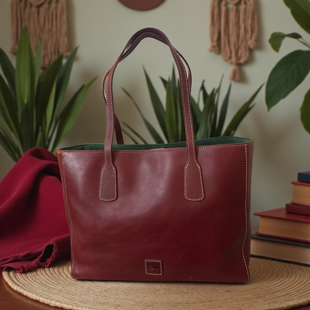 Dooney & Bourke Burgundy Leather Tote with Green Interior